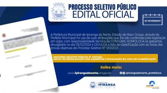 PROCESSO SELETIVO PÚBLICO Nº 001/2023- EDITAL DE HOMOLOGAÇÃO DOS GABARITOS E DIVULGAÇÃO DA LISTA DE CLASSIFICAÇÃO